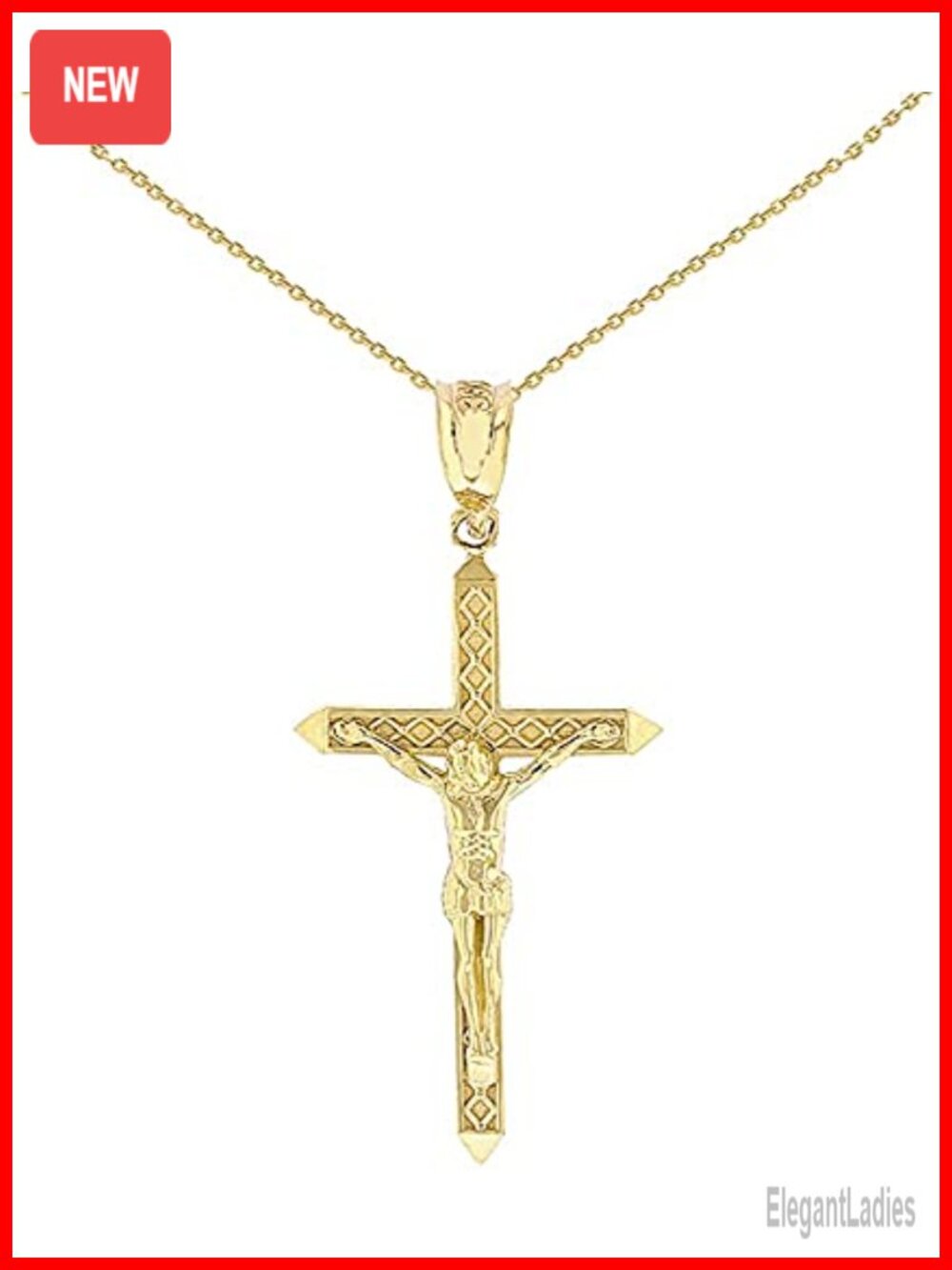 14K Yellow Gold Crucifix Passion of Christ Cross Pendant Necklace Rolo Chain